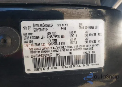 2003 Dodge Durango Sport/Sxt из США, поврежденный, VIN 1D4HS38N83F590127